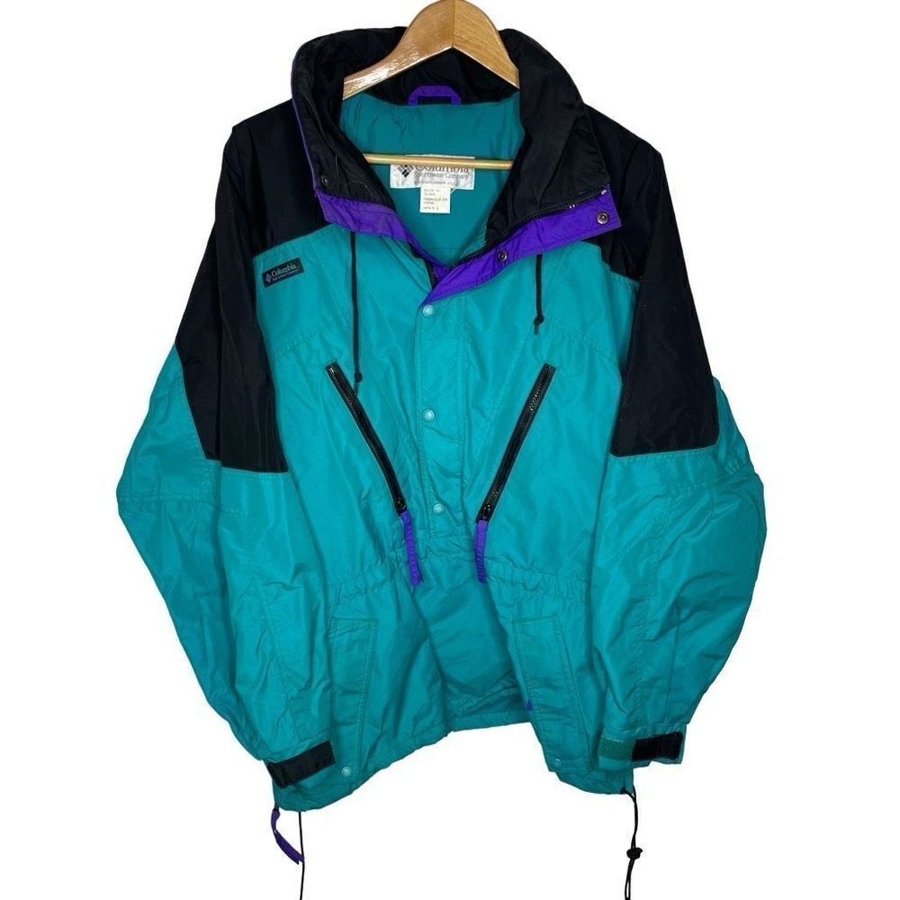 Columbia Zip Slant Pockets Hooded Windbreaker Jacket Blue‎ Black L Ski Vintage